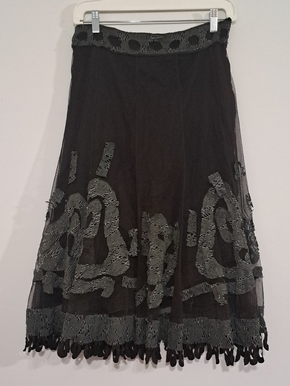 Simon Chang Black Skirt with Olive Crochet Detail
